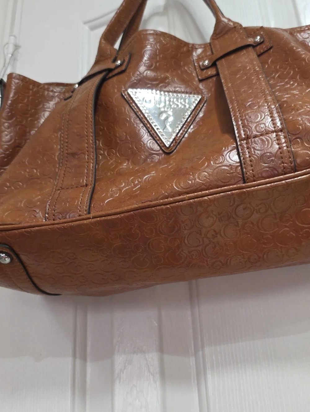 Guess Signature Embossed Leather Tote Bag in Cognac Brown